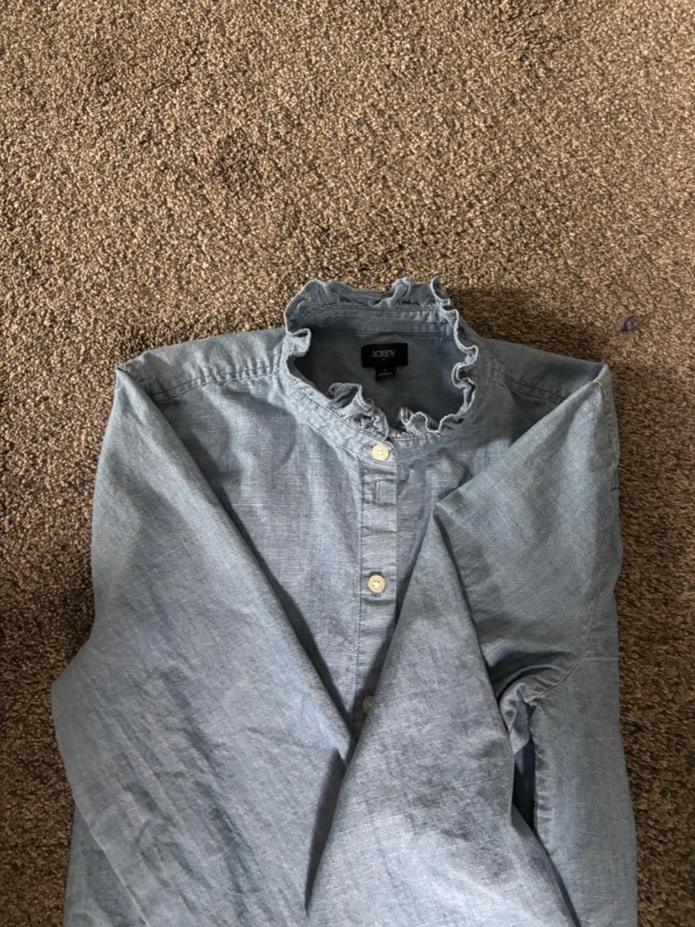 J.Crew Denim Shirt with ruffle neck and sleeves Size L Retail $110 - Picture 3 of 7